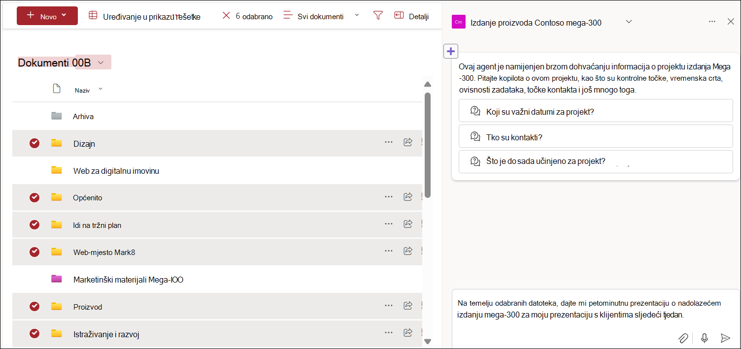Snimka zaslona s odabirom datoteka iz biblioteke dokumenata za čavrljanje