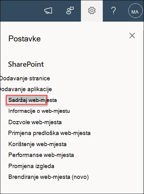 Snimka zaslona sadržaja web-mjesta Postavke