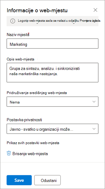 Mogućnosti postavki informacija o web-mjestu za timsko web-mjesto.