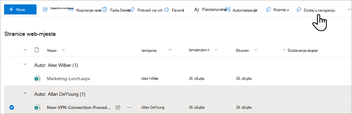 Dodavanje stranice na izbornik sa stranica web-mjesta.