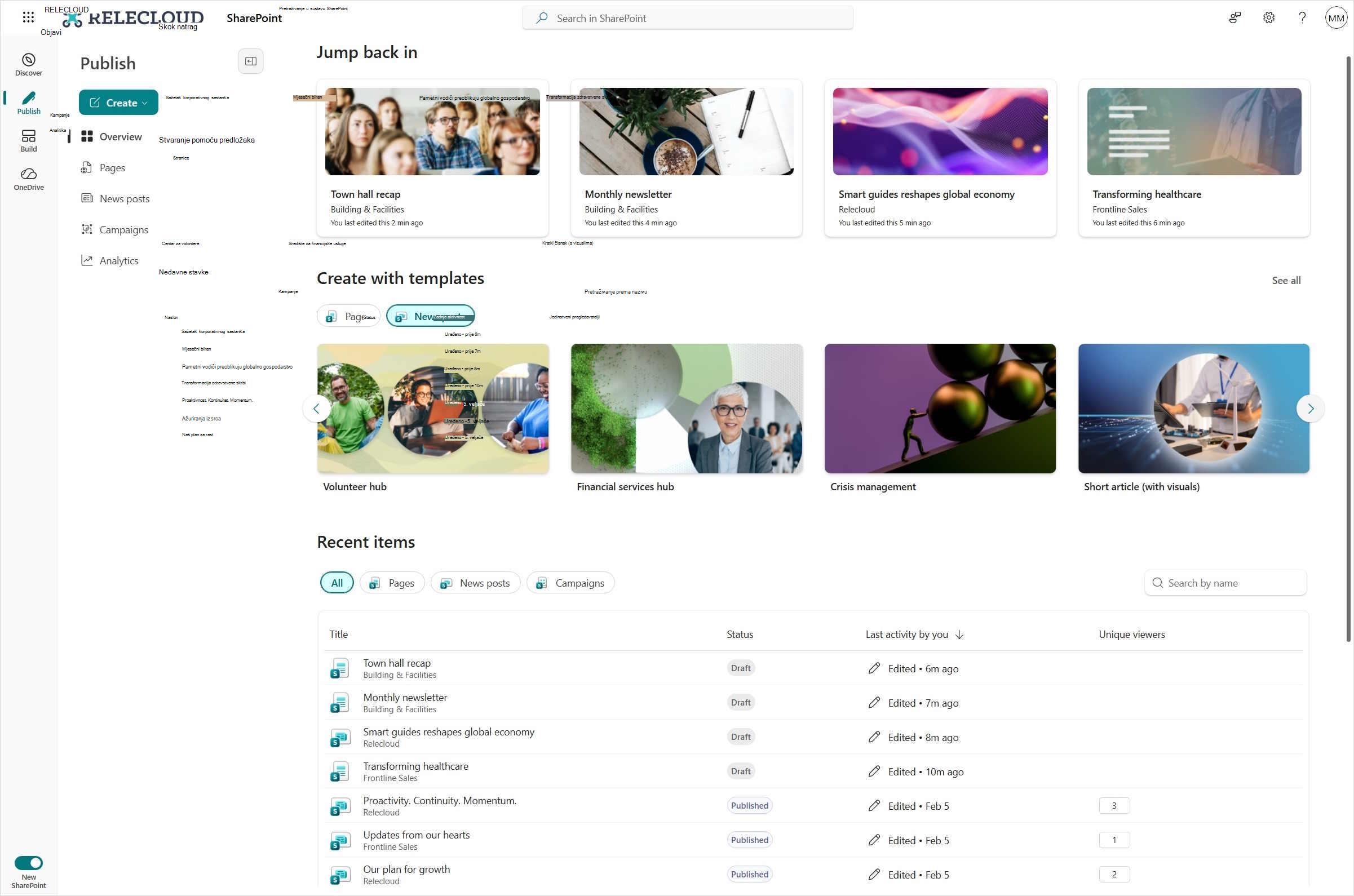 Snimka zaslona iskustva objavljivanja sustava SharePoint s prikazom skoka natrag u sekciji, predlošcima i nedavnim stavkama