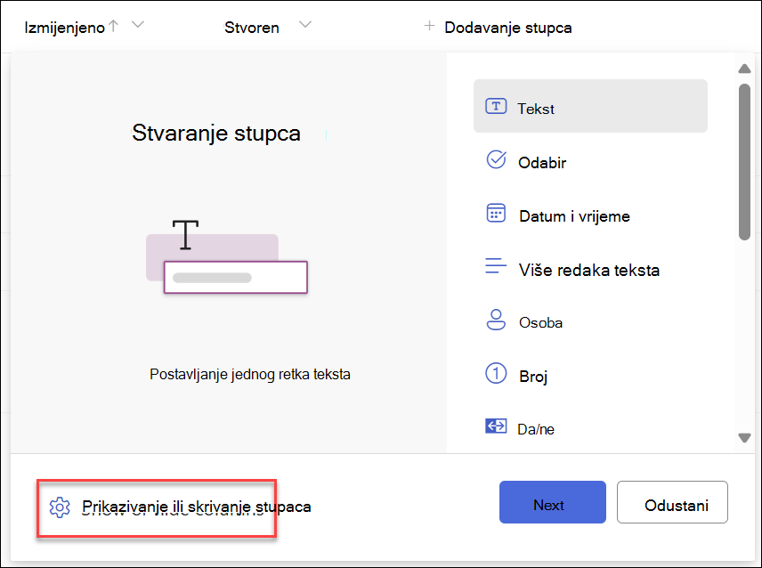 Snimka zaslona s odabranim prikazom mogućnosti Prikaži sakrij stupce