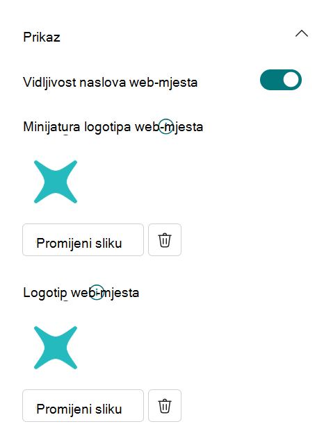 Postavke logotipa zaglavlja web-mjesta u odjeljku Promjena izgleda s prikazom područja za prijenos logotipa sa smjernicama za veličinu od 64 x 64 do 192 x 64 piksela