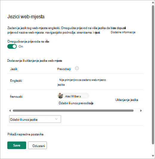 Snimka zaslona koja prikazuje stranicu Jezici web-mjesta u sustavu SharePoint.