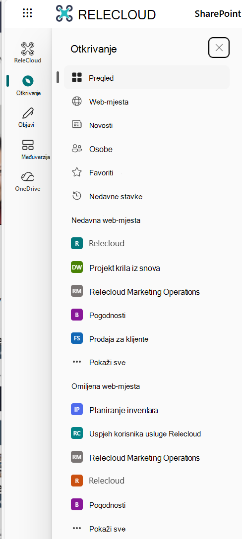 Traka aplikacije SharePoint Otkrijte