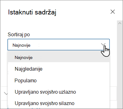 Mogućnosti sortiranja po za web-dio istaknutog sadržaja u modernom okruženju sustava SharePoint