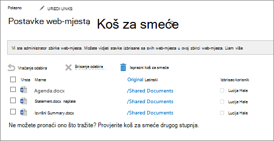 Koš za smeće omogućuje brisanje i vraćanje stavki