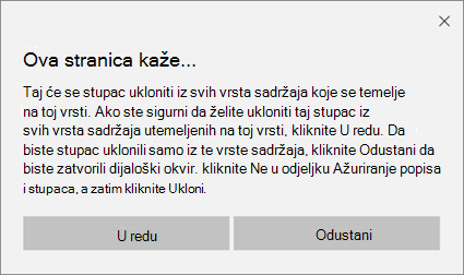 Upit za potvrdu sustava SharePoint prilikom uklanjanja stupca iz vrste sadržaja web-mjesta za sve vrste sadržaja utemeljene na toj vrsti