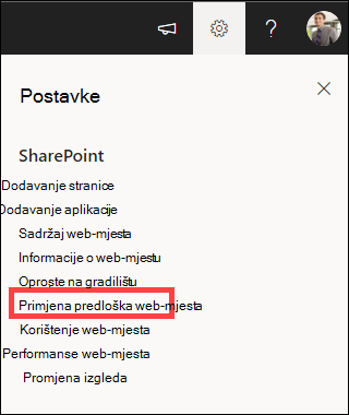 Postavke s istaknutom mogućnošću Primijeni predložak web-mjesta.