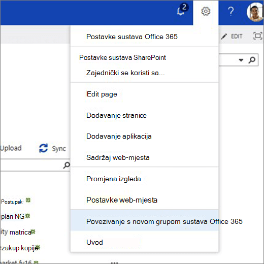 Ova slika prikazuje izbornik s ikonom zupčanika i odabran Povezivanje s novom grupom okruženja Microsoft 365.