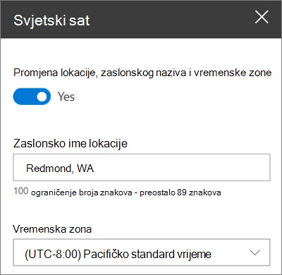 Alatni okvir za web-dio Svjetski sat za web-mjesta sustava SharePoint koji pokazuje kako prilagoditi zaslonski naziv i vremensku zonu