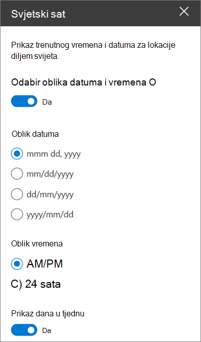 Alatni okvir za web-dio Svjetski sat za web-mjesta sustava SharePoint koji pokazuje kako prilagoditi oblikovanje datuma i vremena