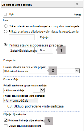 Popis svojstava web-dijela upita o sadržaju s tri oblačića