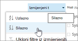 Padajući izbornik za sortiranje u zaglavlju stupca
