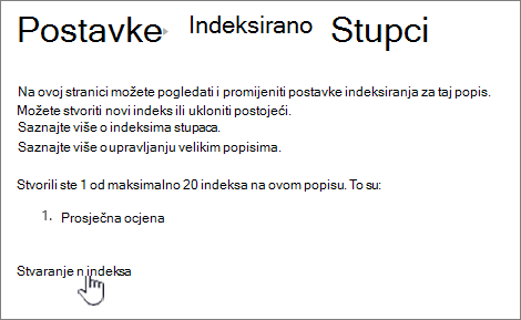 Stranica Indeksirani stupci s istaknutom mogućnošću Stvori novi indeks