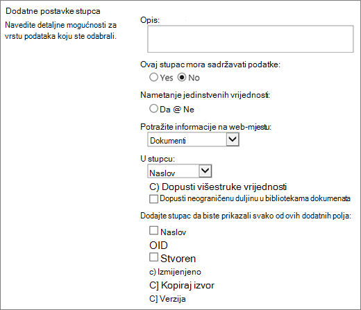 Dijaloški okvir za odabir stupca za pretraživanje