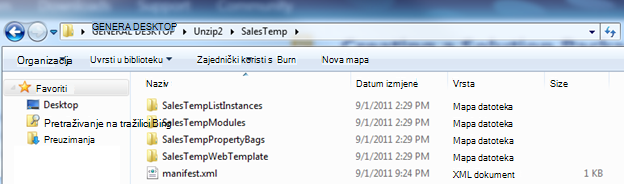 Snimka zaslona programa Windows Explorer koji prikazuje raspakiranu datoteku paketa za web-rješenje (.wsp).