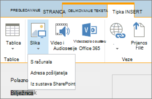 Snimka zaslona koja prikazuje vrpcu sustava SharePoint Online. Odaberite karticu Umetanje i zatim odaberite Slika da biste odabrali želite li prenijeti datoteku s računala, web-adrese ili mjesta sustava SharePoint.