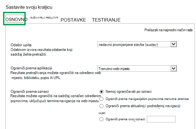 Kartica OSNOVNO prilikom konfiguriranja upita u web-dijelu Pretraživanje sadržaja