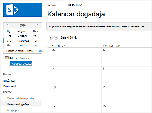 Primjer aplikacije za popis kalendara.