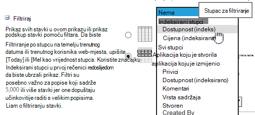 U sustavu SharePoint Online odaberite indeksirano polje
