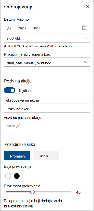 Postavke mjerača vremena za odbrojavanje