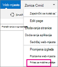 Izbornik Postavke na web-mjestu sustava SharePoint u PC prikazu