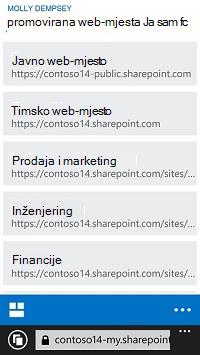 Web-mjesta povećane razine u sustavu SharePoint Online na mobilnom uređaju