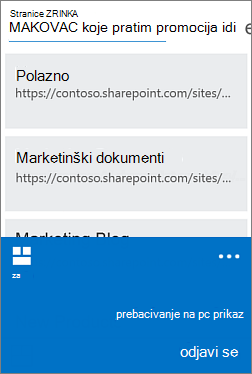 Izbornik za prebacivanje s mobilnog prikaza na PC prikaz u sustavu Windows Phone