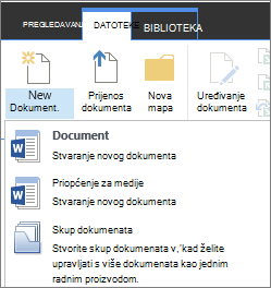 Gumb Novi dokument s padajućim izbornikom na vrpci