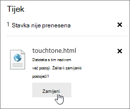 Dijaloški okvir Prijenos nije uspio s istaknutim gumbom Zamijeni