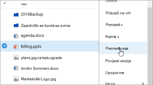 Izbornik Elipsa s istaknutom mogućnošću Preimenuj