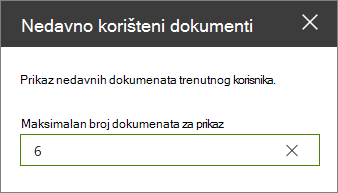 Okno svojstva za web-dio Nedavni dokumenti.