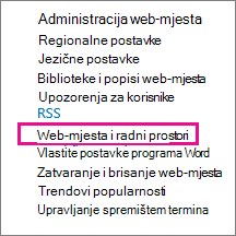 Odjeljak Web-mjesta i radna mjesta stranice Postavke web-mjesta