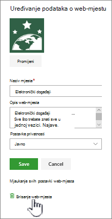 Mjesto brisanja web-mjesta timskog web-mjesta sustava SharePoint