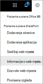 Izbornik Postavke s odabranim Informacijama o web-mjestu