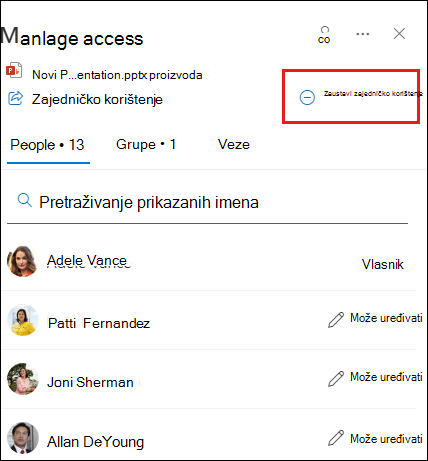 Snimka zaslona na kojoj se prikazuje dijaloški okvir Upravljanje pristupom s istaknutom mogućnošću Zaustavi zajedničko korištenje.