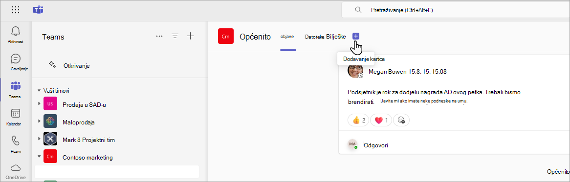 Dodavanje kartice sustava SharePoint u aplikaciju Teams.