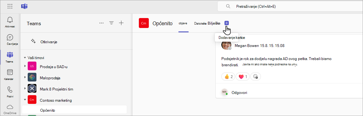 Dodavanje nove kartice u aplikaciji Teams pomoću URL-a sustava SharePoint.