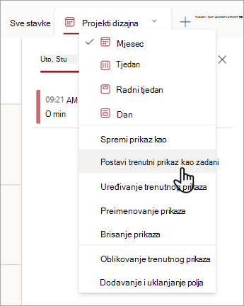 Snimka zaslona koja prikazuje kako odabrati naredbu Postavi trenutni prikaz kao zadano u značajci Popisi.