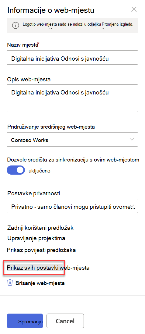 Dijaloški okvir Informacije o web-mjestu.