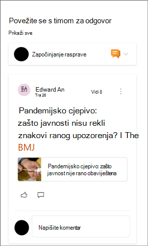 Slika web-dijela Yammer s oglednim razgovorom.