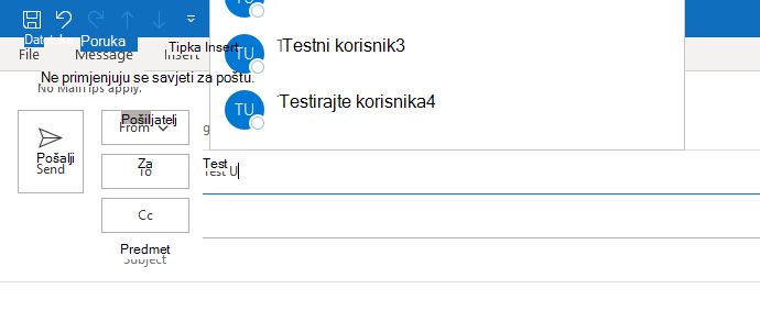 Slika prikazuje samodovršetak za Outlook. Automatsko ispunjavanje vidljivo je samo djelomično.