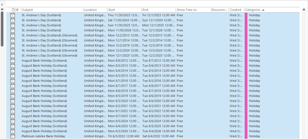 Prozor koji prikazuje popis praznika U.K.