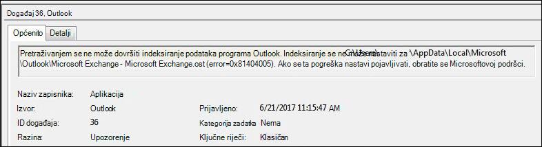 Upozorenje zapisnika događaja u programu Outlook