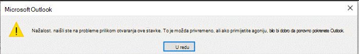 Snimka zaslona s pogreškom u programu Outlook