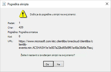 Snimka zaslona s porukom o pogrešci, U skripti na ovoj stranici došlo je do pogreške.