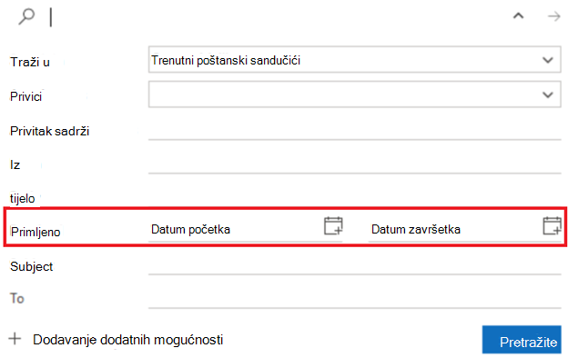 Snimka zaslona filtra pretraživanja