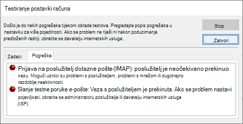 Snimka zaslona prozora Postavke testnog računa Kartica Pogreške – IMAP