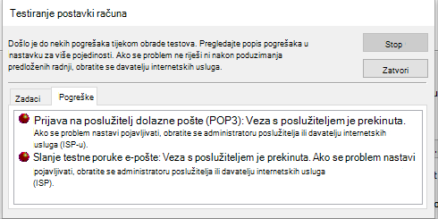 Snimka zaslona prozora Testiranje postavki računa Kartica Pogreške – POP3